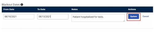 Partial image of the Authorization page showing the Blackout Dates section with sample data available to edit and the Update button highlighted under Actions at right